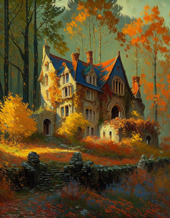 Stone cottage with blue roof in autumnal forest landscape