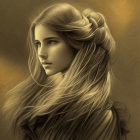 Sepia-Toned Digital Artwork: Woman with Flowing Hair and Serene Expression
