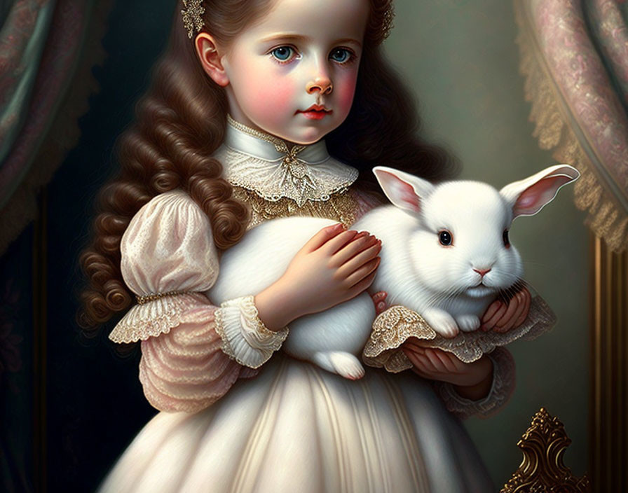 Vintage dress portrait: Young girl with white rabbit in opulent setting