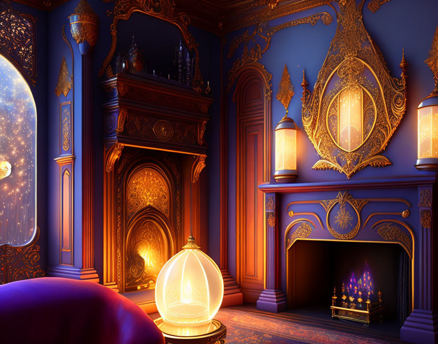 Opulent room with golden decor, fireplace, crystal ball, and starlit view.