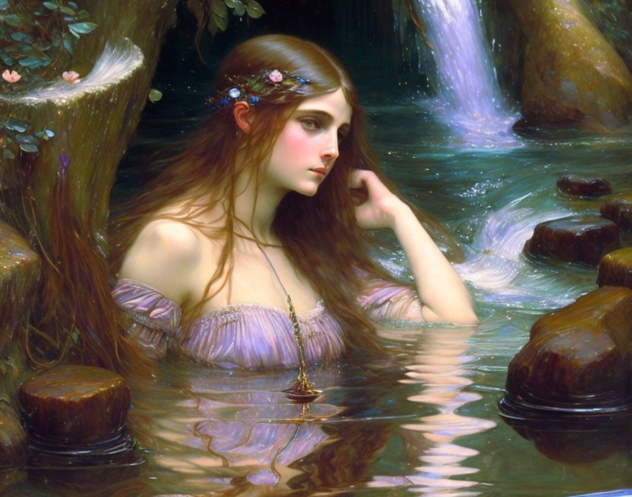 Pensive young woman with flowers in flowing hair near woodland pond