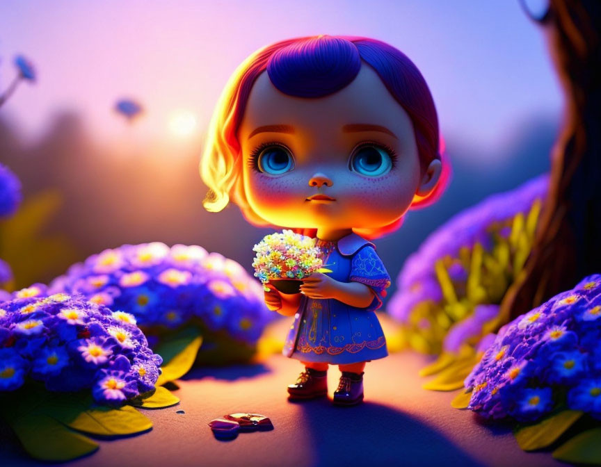 Stylized animated character with large eyes holding bouquet in magical nighttime setting