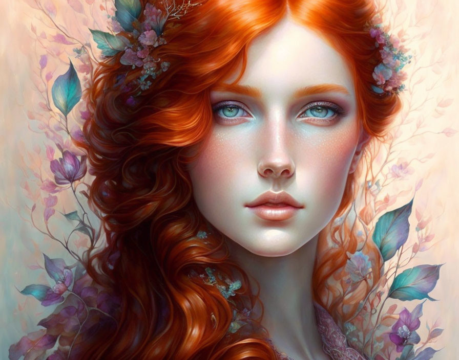 Vibrant red-haired woman with blue eyes and floral hair against backdrop