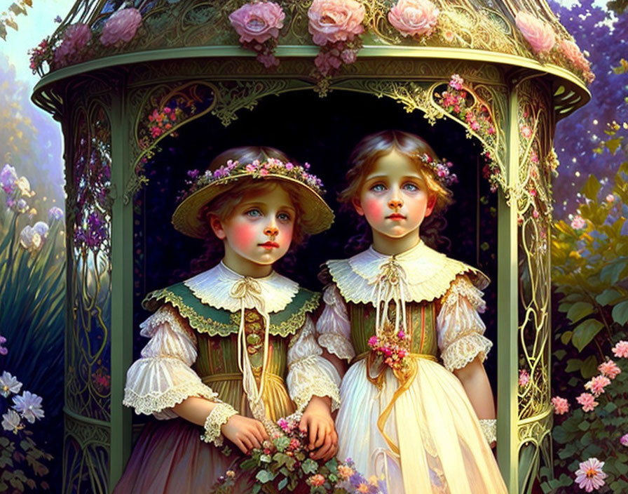 Vintage-attired children under floral gazebo in lush garden