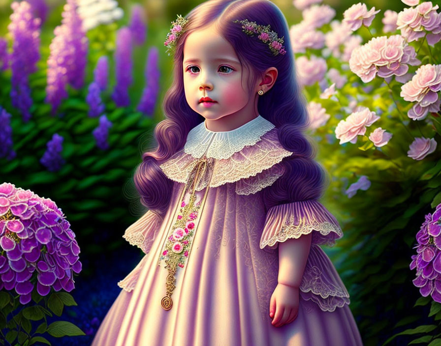 Digital Art: Young Girl with Purple Hair and Matching Dress in Vibrant Pink Flower Field