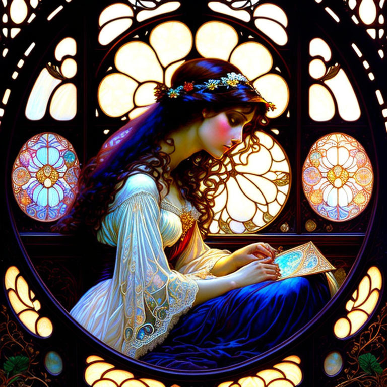 Woman with Dark Hair Reading Book in Floral Stained-Glass Window