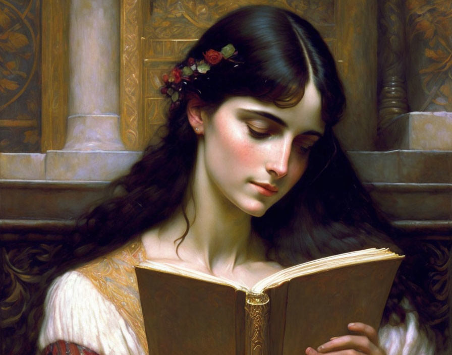 Young woman with flower crown reading a book in classic painting