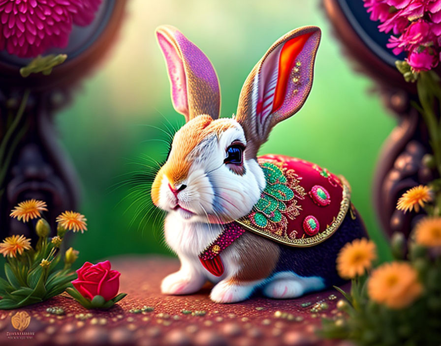 Illustrated rabbit with large ears in decorative setting among flowers and ornate frames