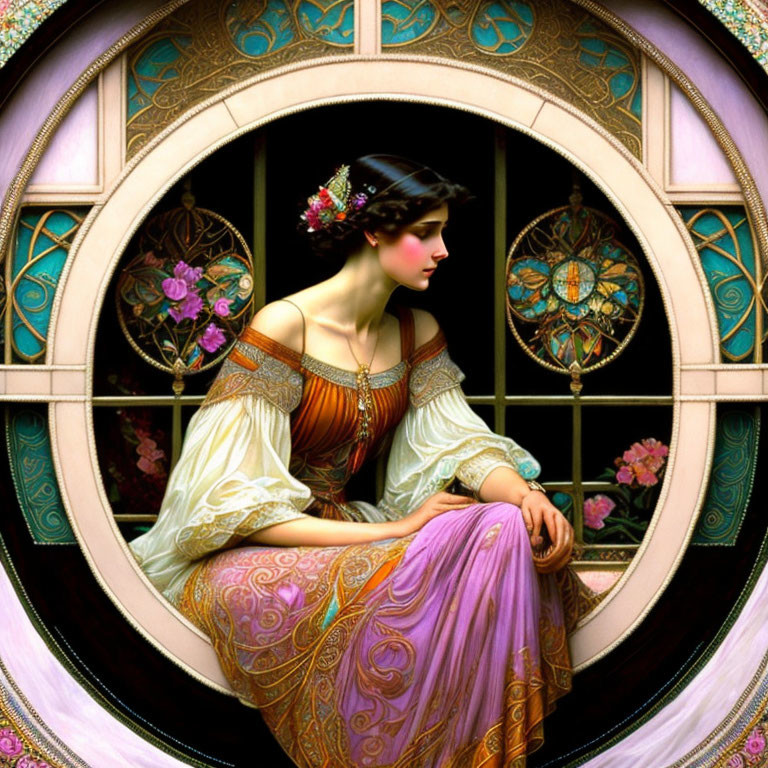 Contemplative woman in circular window frame with vibrant flowers