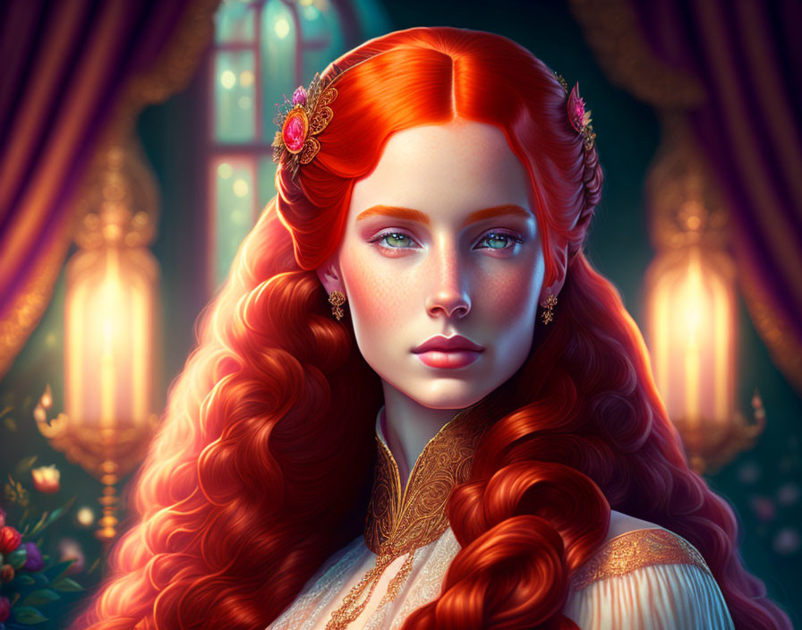 Digital Artwork: Woman with Red Hair, Green Eyes, Gold Accessories, Candles, Stained