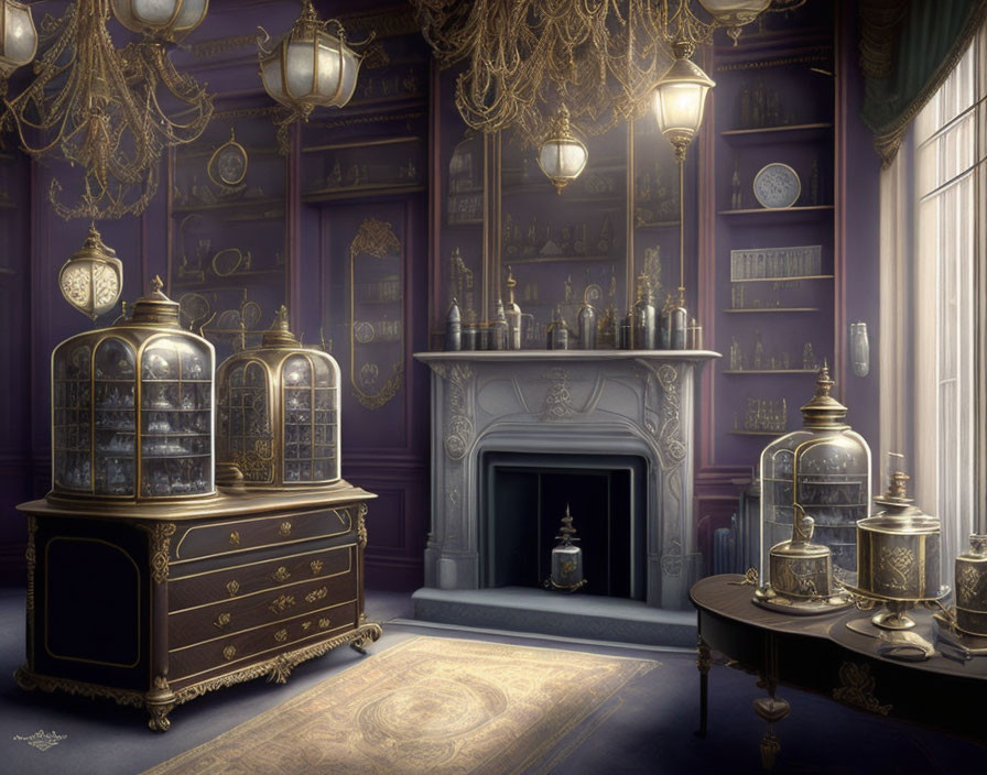 Purple-Walled Room with Chandeliers, Fireplace, and Antique Decor