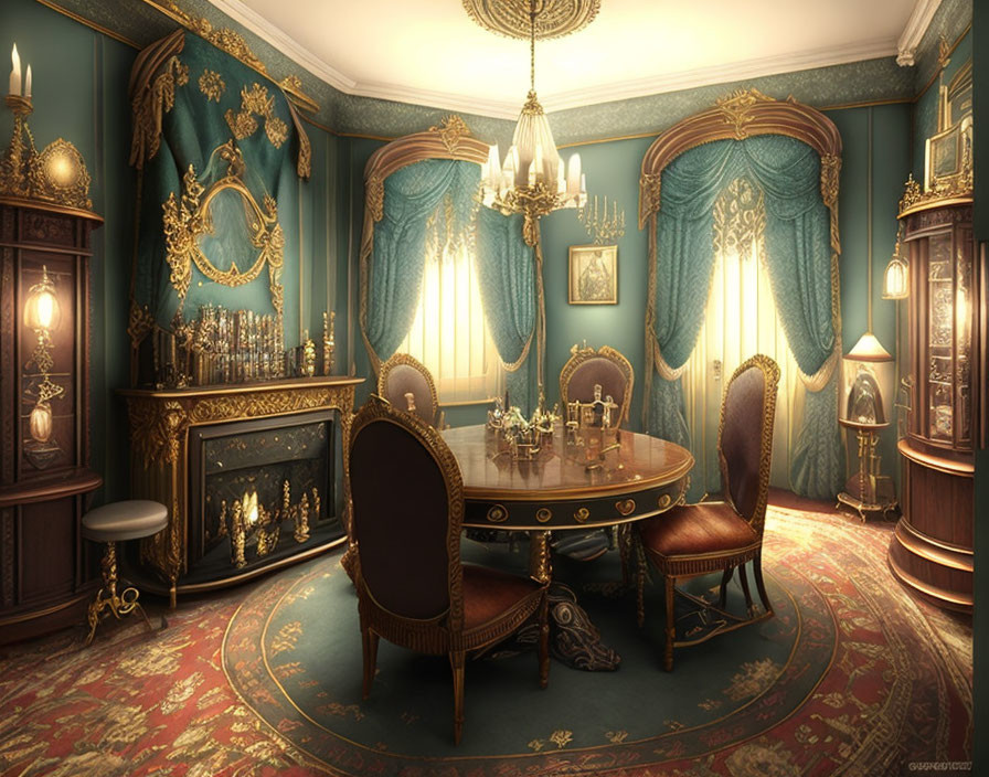 Victorian-style Room with Round Table, Ornate Chairs, Blue Curtains, Chandelier, and