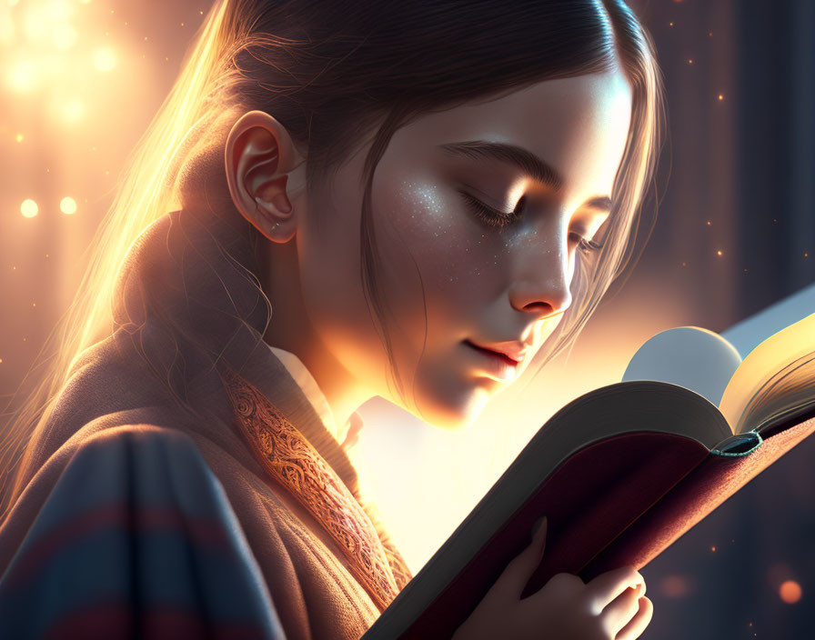 Young girl reading book with warm light and magical sparkles.