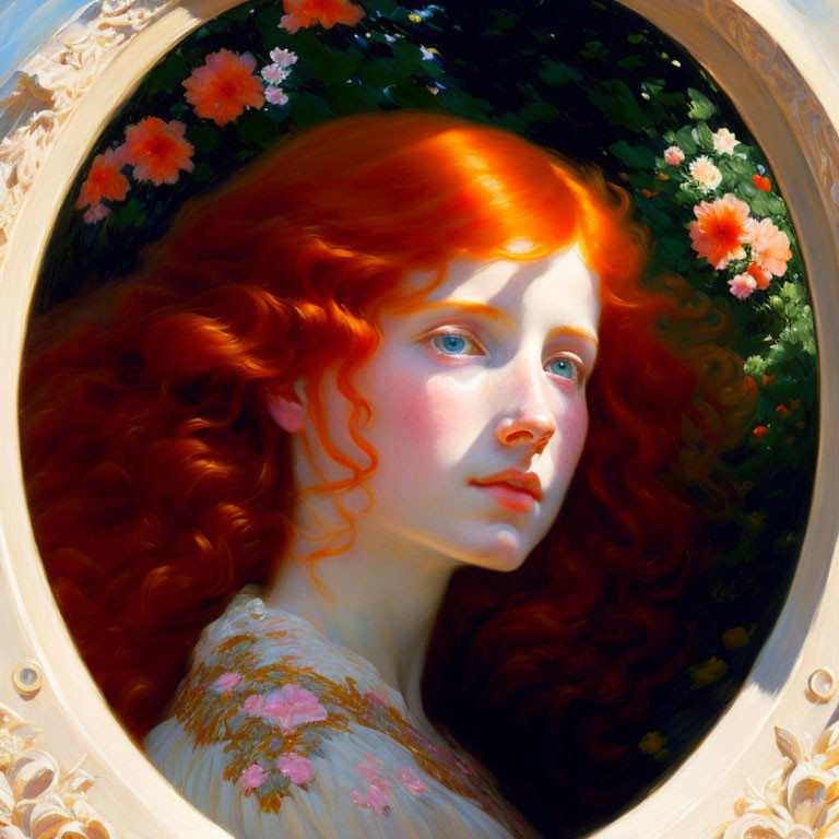 Portrait of Woman with Radiant Red Hair and Floral Border on Verdant Background