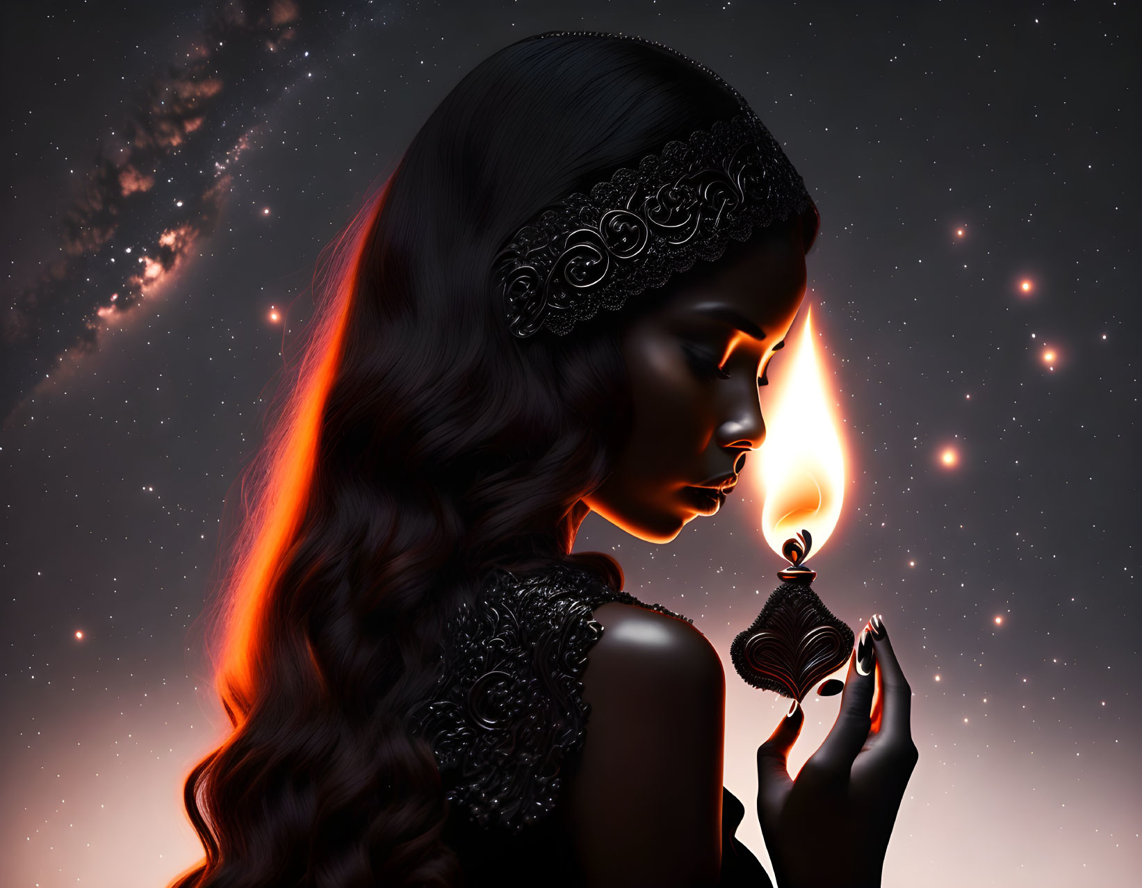 Silhouette of Woman with Flowing Hair Holding Candle in Starry Night Sky