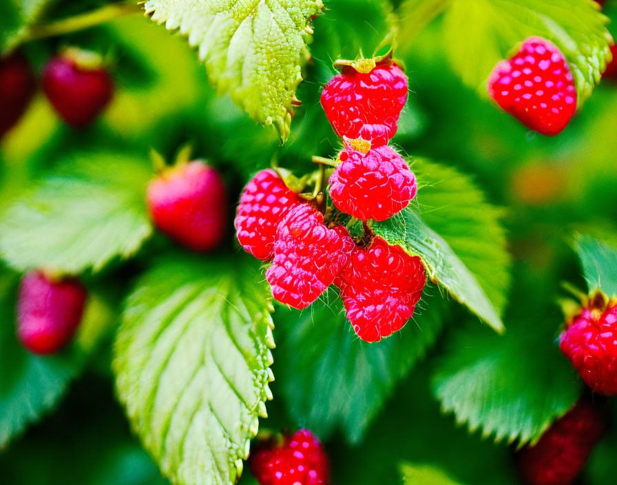 Ripe red raspberries on bush with lush green leaves