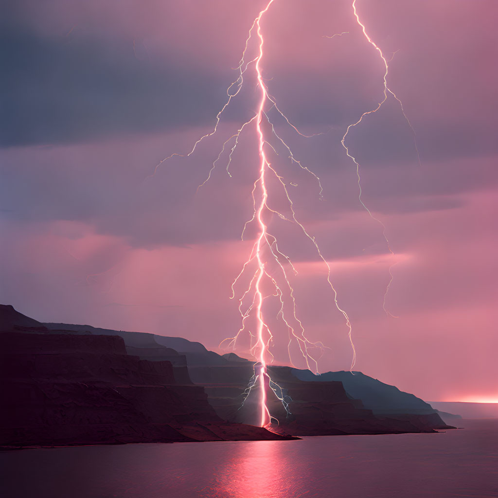 Dusky Purple Sky with Lightning Bolt near Cliff by Sea