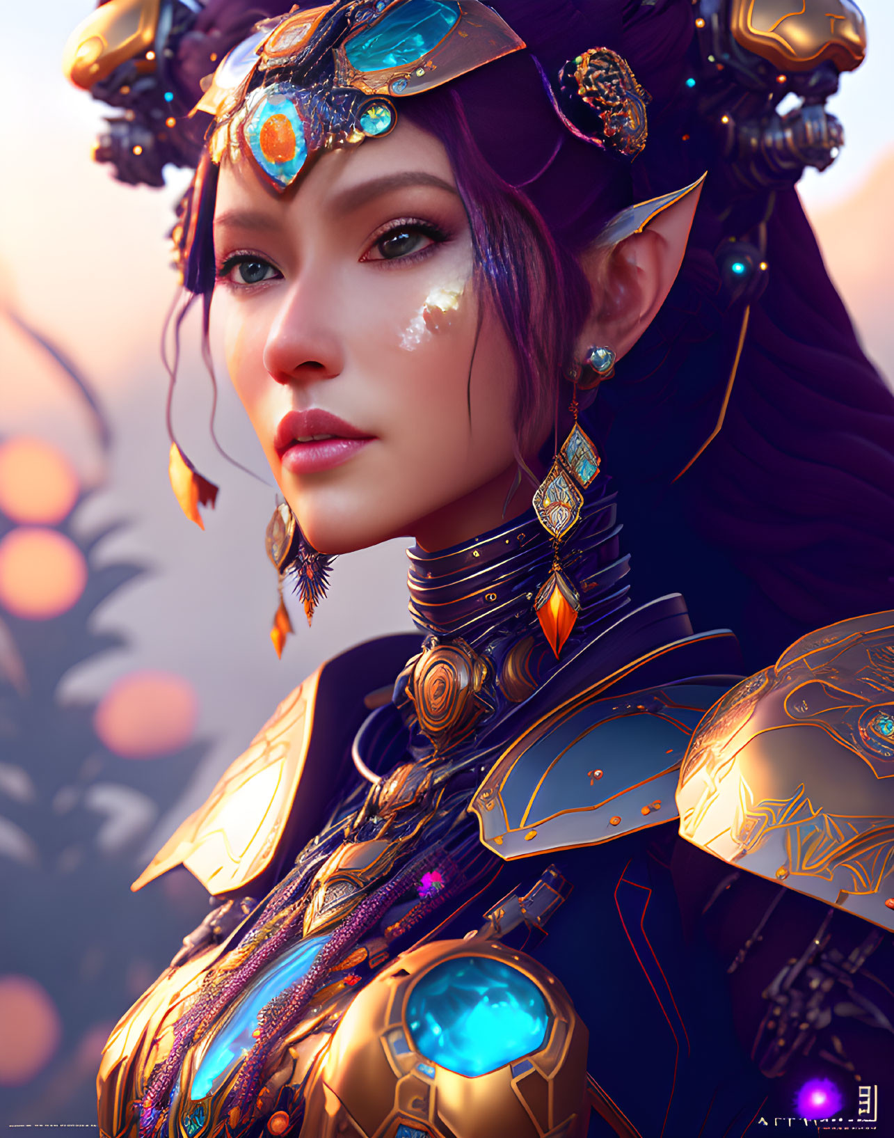 Detailed fantasy armor woman with gold designs and jewels in digital artwork