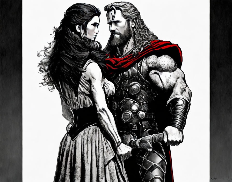 Illustration of male and female animated characters with long hair and beard in monochrome with red accents