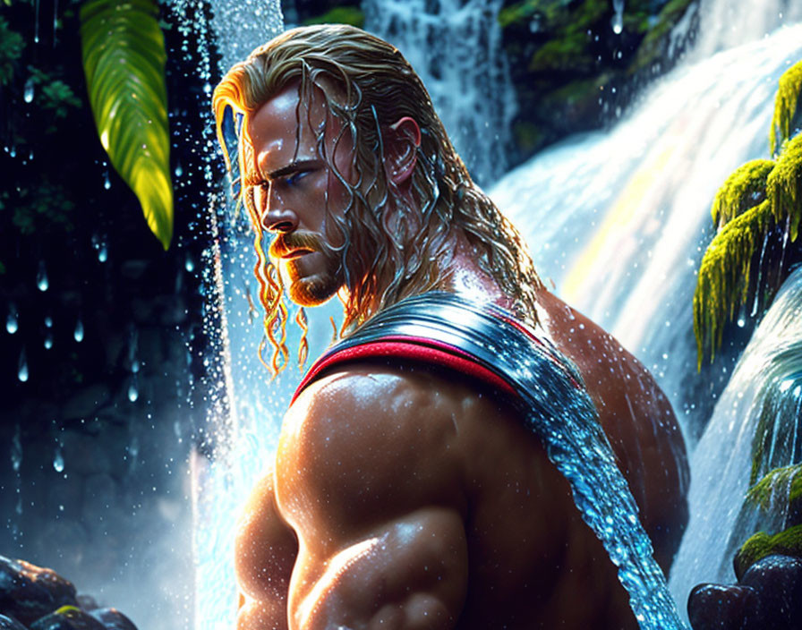 Muscular blonde man with beard near cascading waterfall in sunlight.