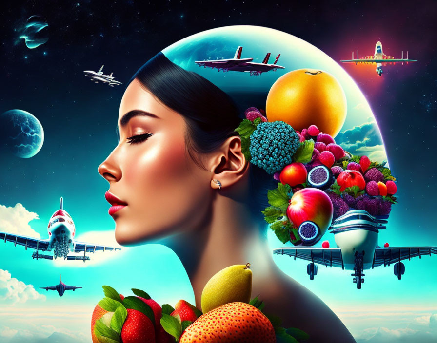 Surreal portrait featuring woman's profile with fruits, vegetables, and futuristic air travel on cosmic backdrop