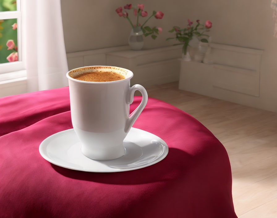 Coffee cup with frothy crema on saucer, red cloth, sunlit window, roses in