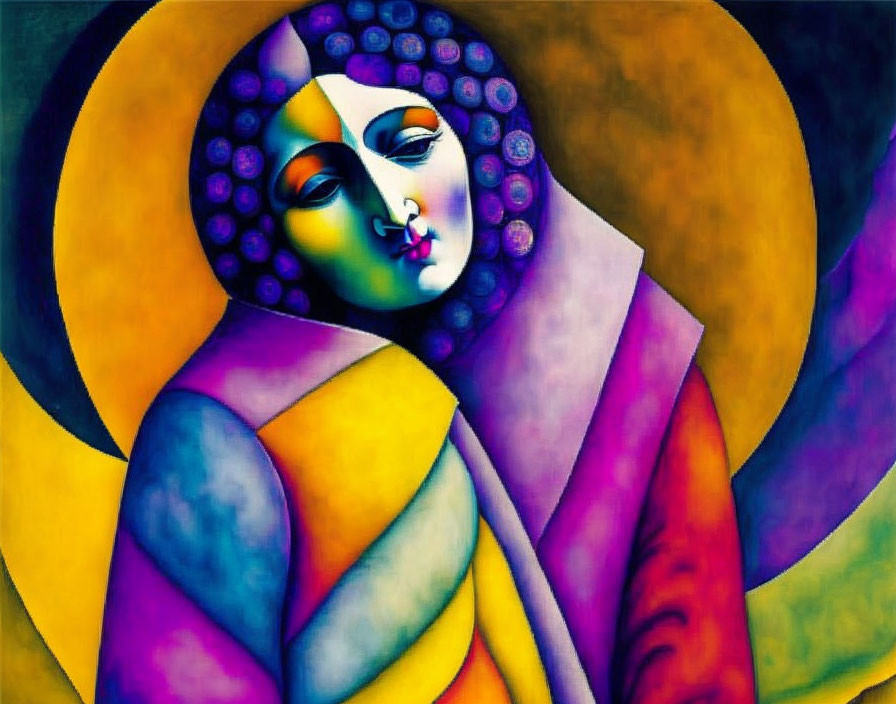 Colorful Abstract Painting of Stylized Figure with Halo and Geometric Patterns