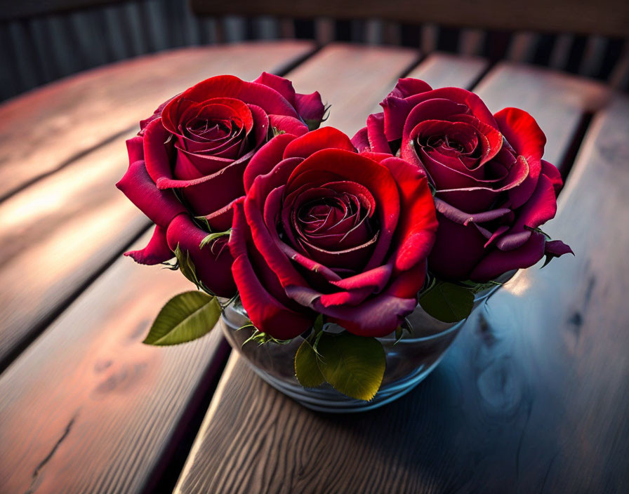 Glass Vase with Red Roses on Wooden Table with Warm Lighting