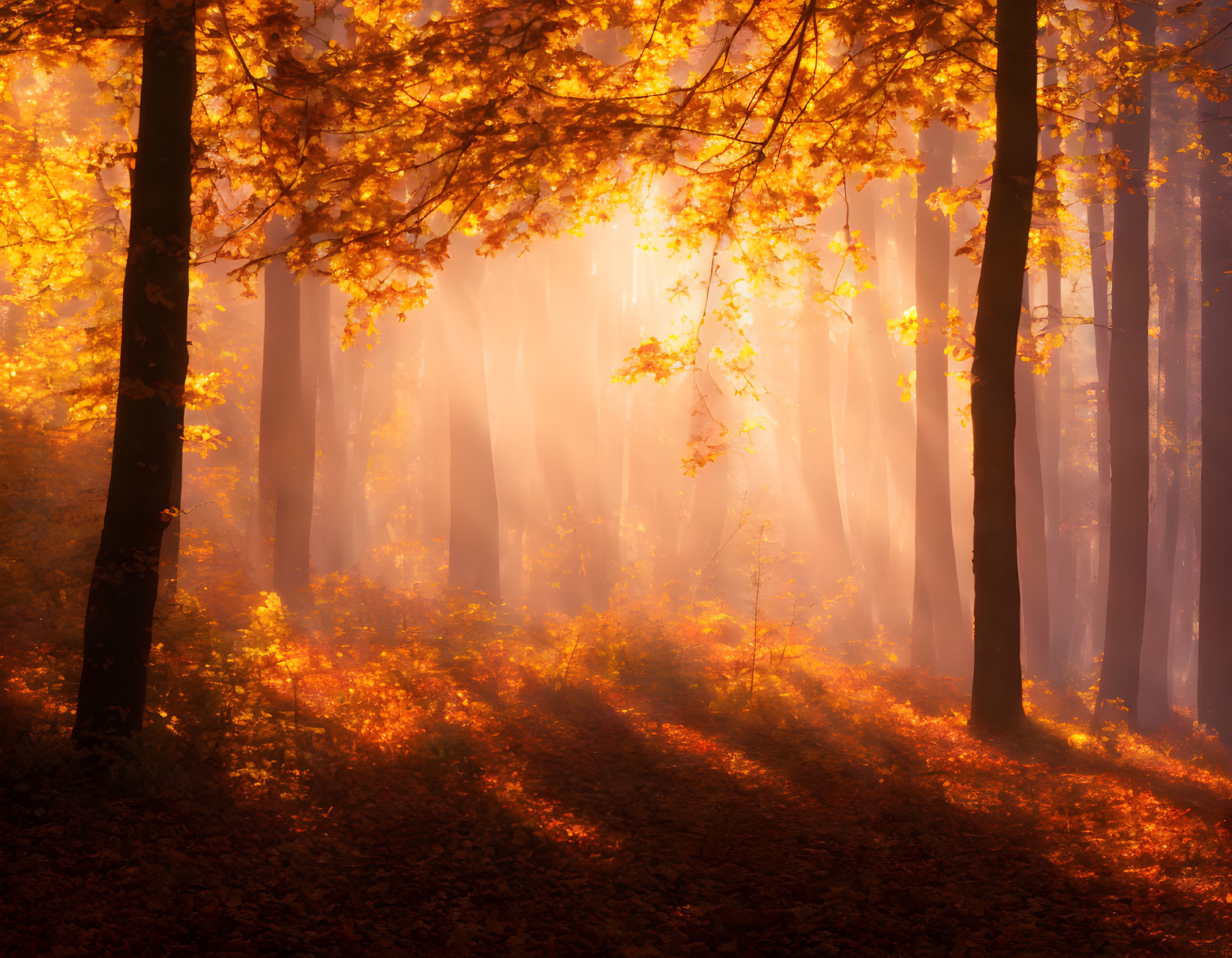 Autumn forest scene with sunbeams and golden leaves