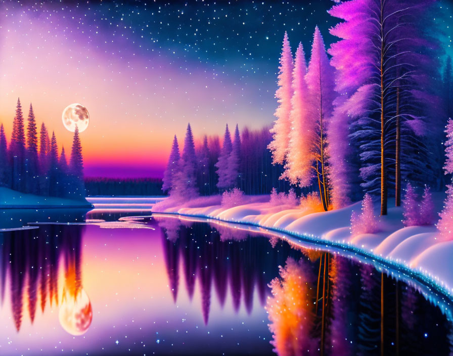 Mystical winter landscape: snowy trees, calm lake, starry sky