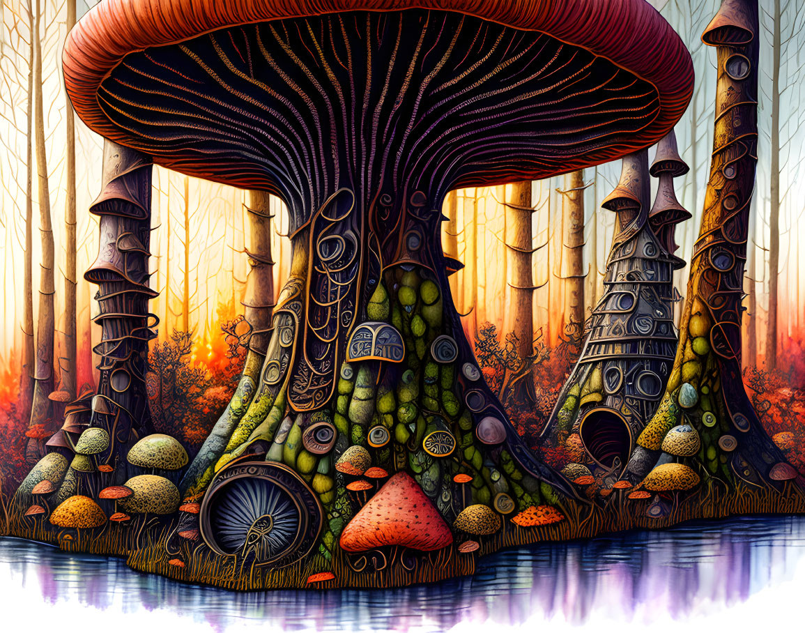 Whimsical forest illustration with oversized mushrooms