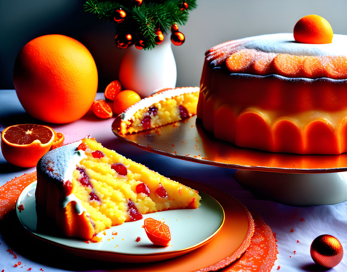 Citrus cake centerpiece with holiday decor and oranges