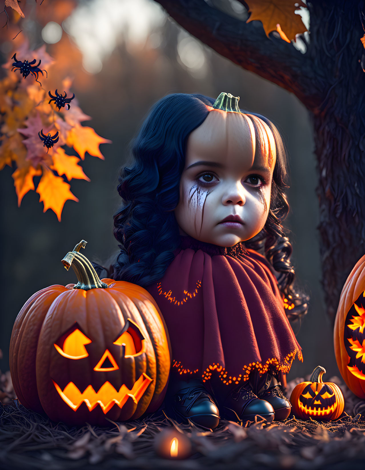 Child in pumpkin Halloween costume surrounded by carved pumpkins and autumn leaves in whimsical setting with hanging spiders