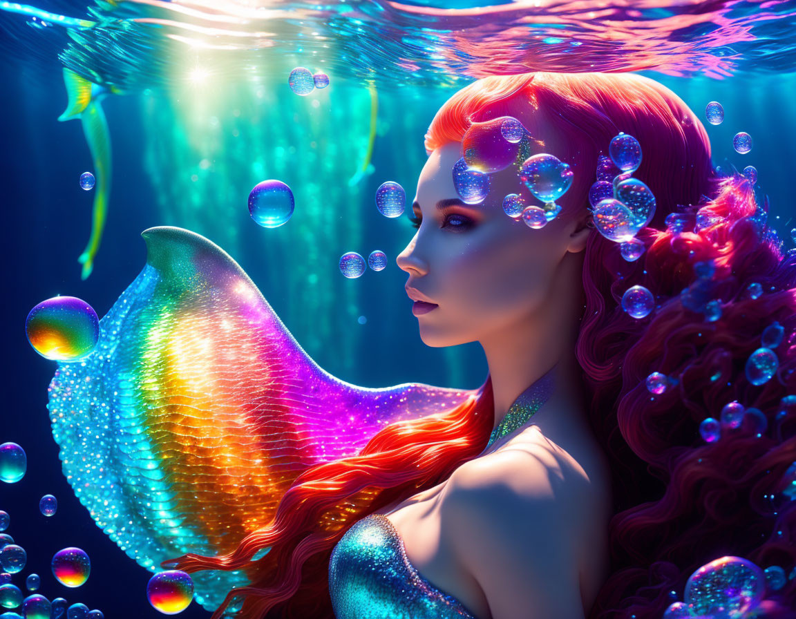 Red-haired mermaid with glittering tail in luminescent underwater scene