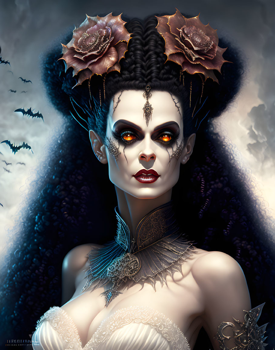 Gothic fantasy illustration of woman with red eyes and floral hair in dark setting