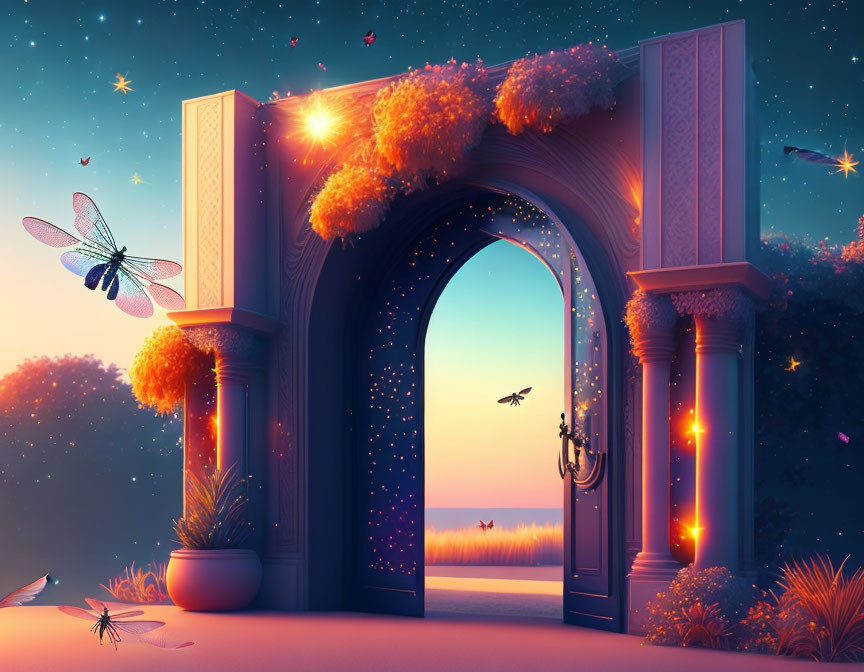 Illustration of ornate archway with flowers under starry sky