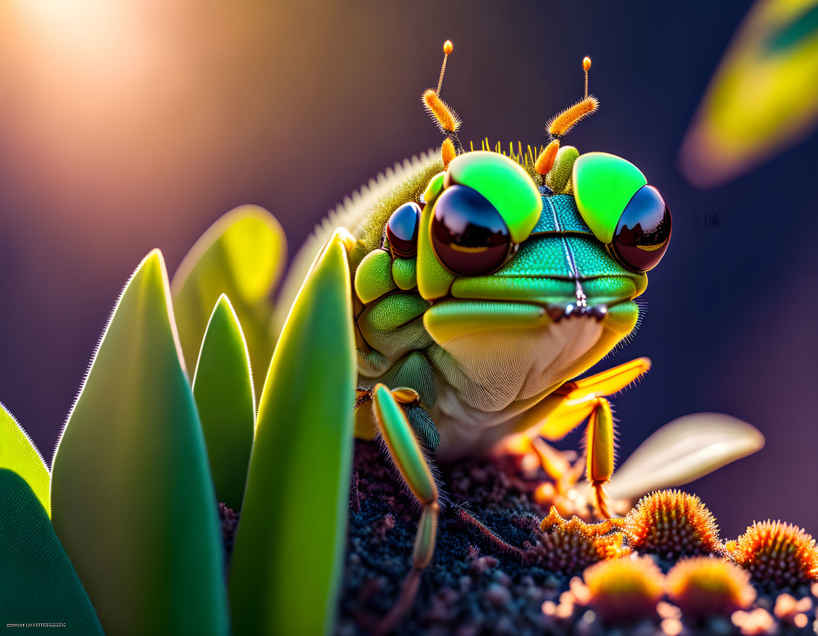 Close-up of a green dragonfly among green leaves and orange flowers in soft sunlight