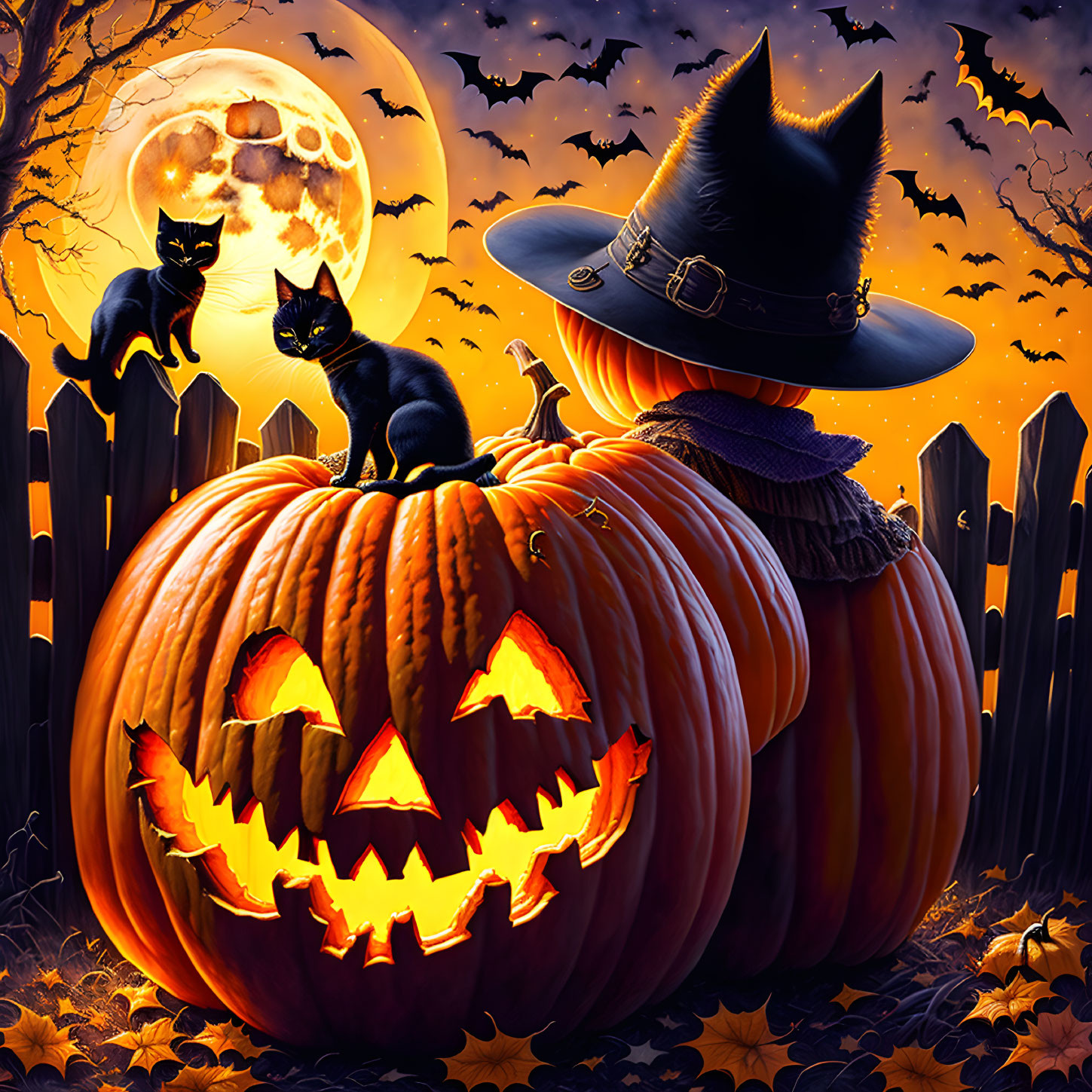 Three Black Cats and Carved Pumpkin Under Full Moon with Bats