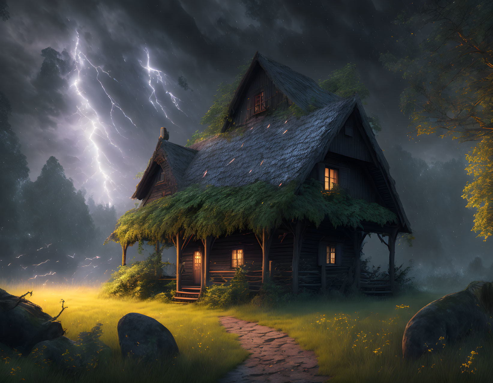 Thatched Roof Wooden Cottage in Mystical Forest Stormscape