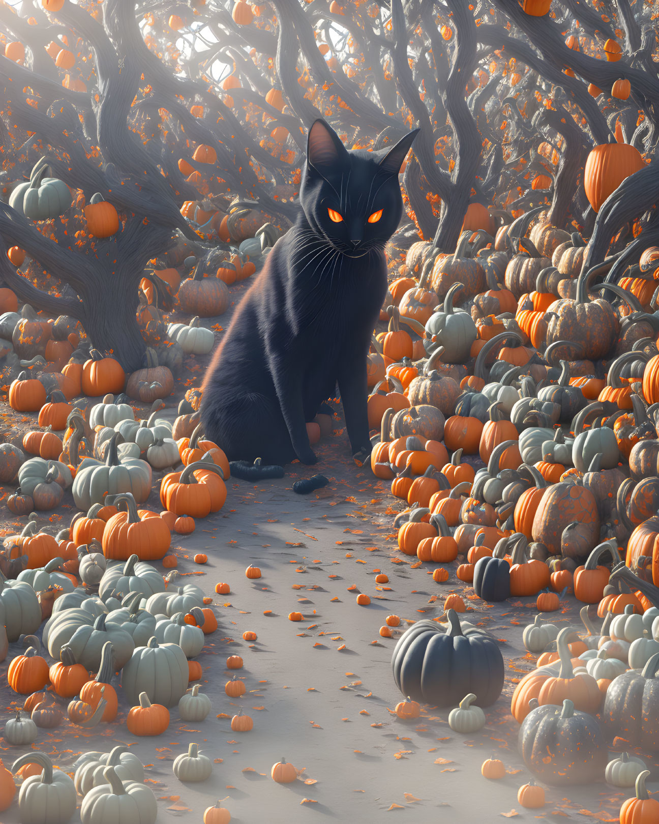 Black Cat in Pumpkin Patch with Glowing Eyes and Bare Trees