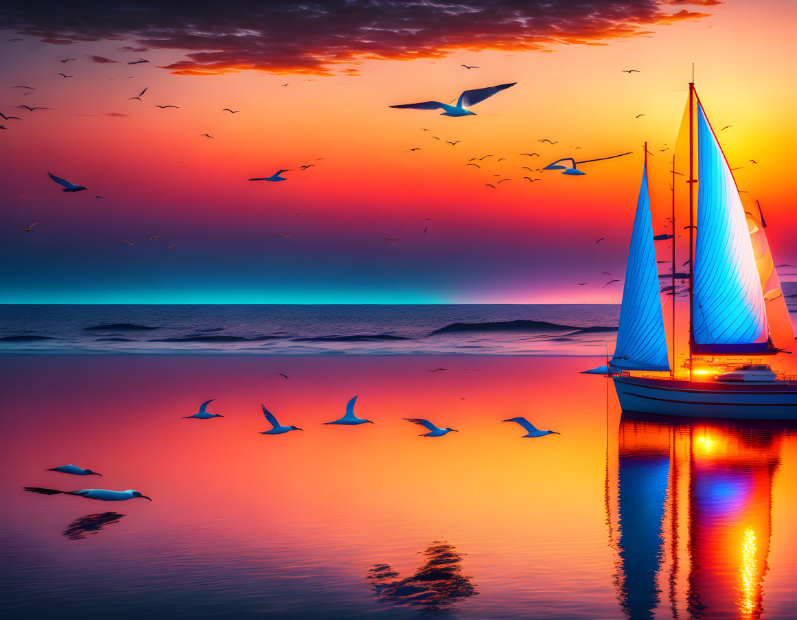 Sailboat on calm waters at sunset with birds in flight