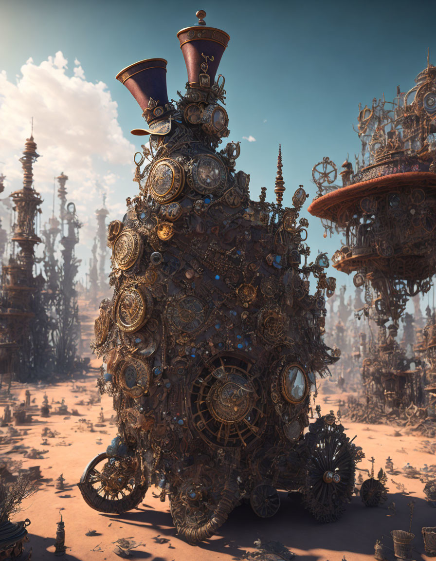 Steampunk-style mechanical city with intricate gears and towering spires