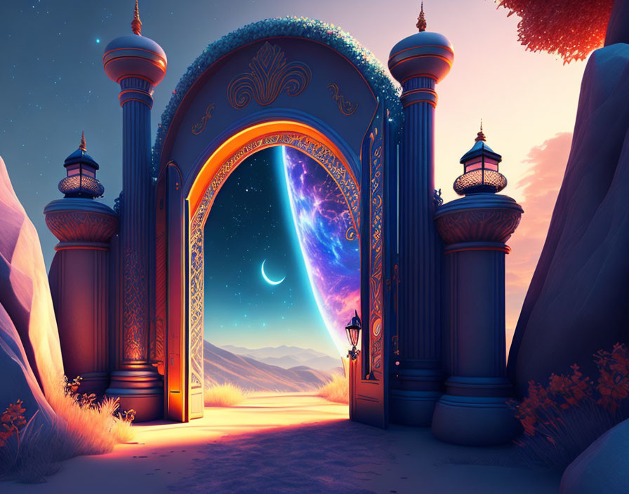 Ornate gateway under crescent moon in mystical landscape