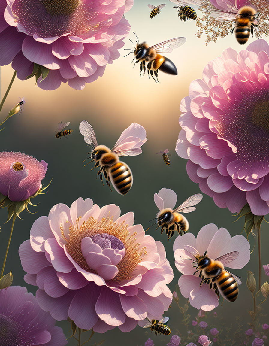 Bees flying among pink blooming flowers in warm backdrop