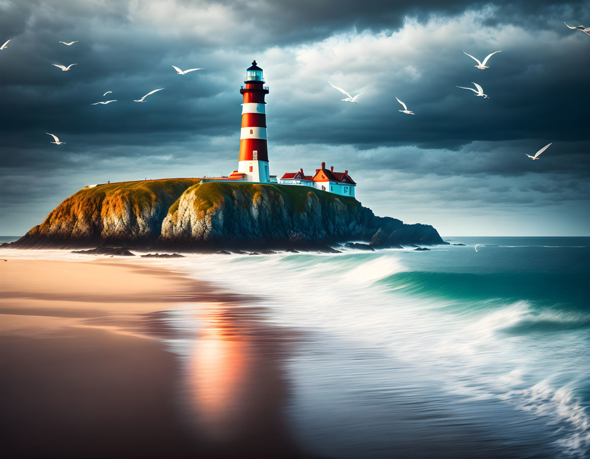 Scenic red and white lighthouse on rocky cliff with beach and seagulls