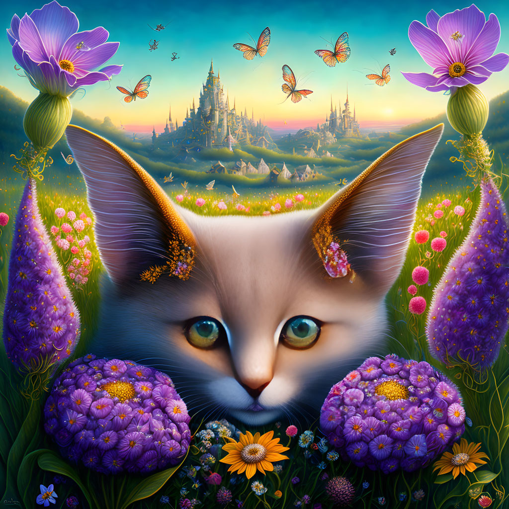 Whimsical kitten face in purple flower field with castle backdrop