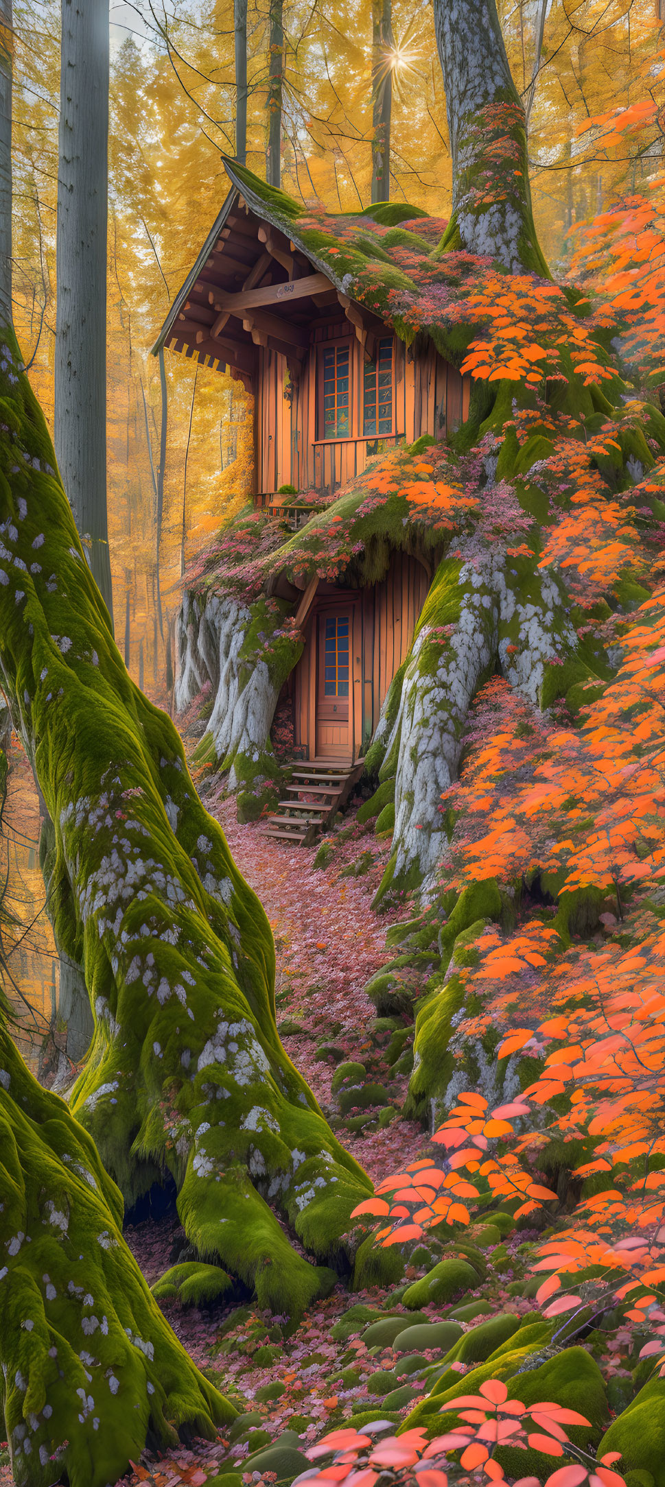 Wooden cabin on mossy hill in autumn forest with orange leaves and sunbeams