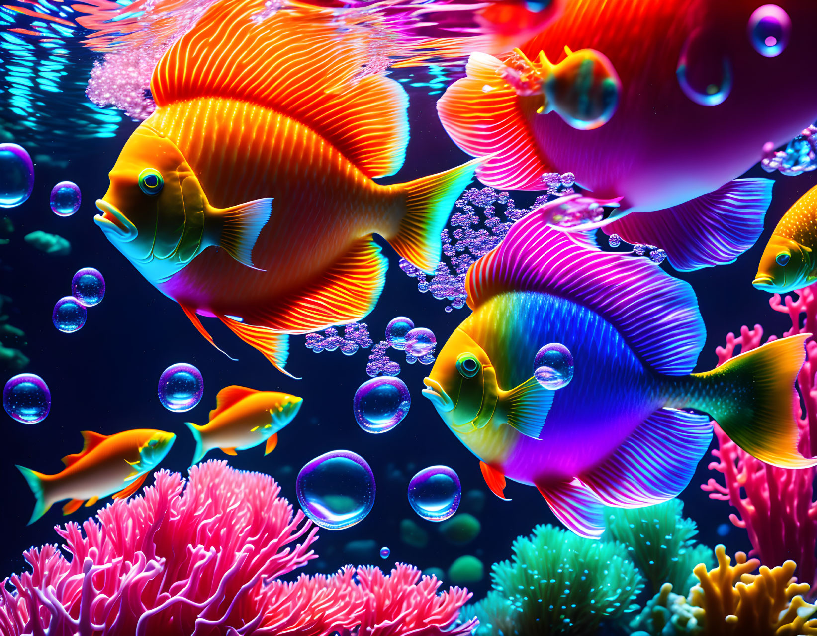 Colorful Fish Swimming Among Coral Reefs in Deep Blue Water