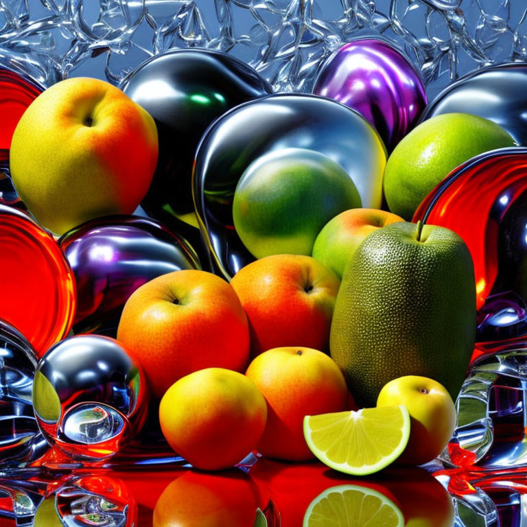 Colorful fruits and glassware on blue background with silver balls