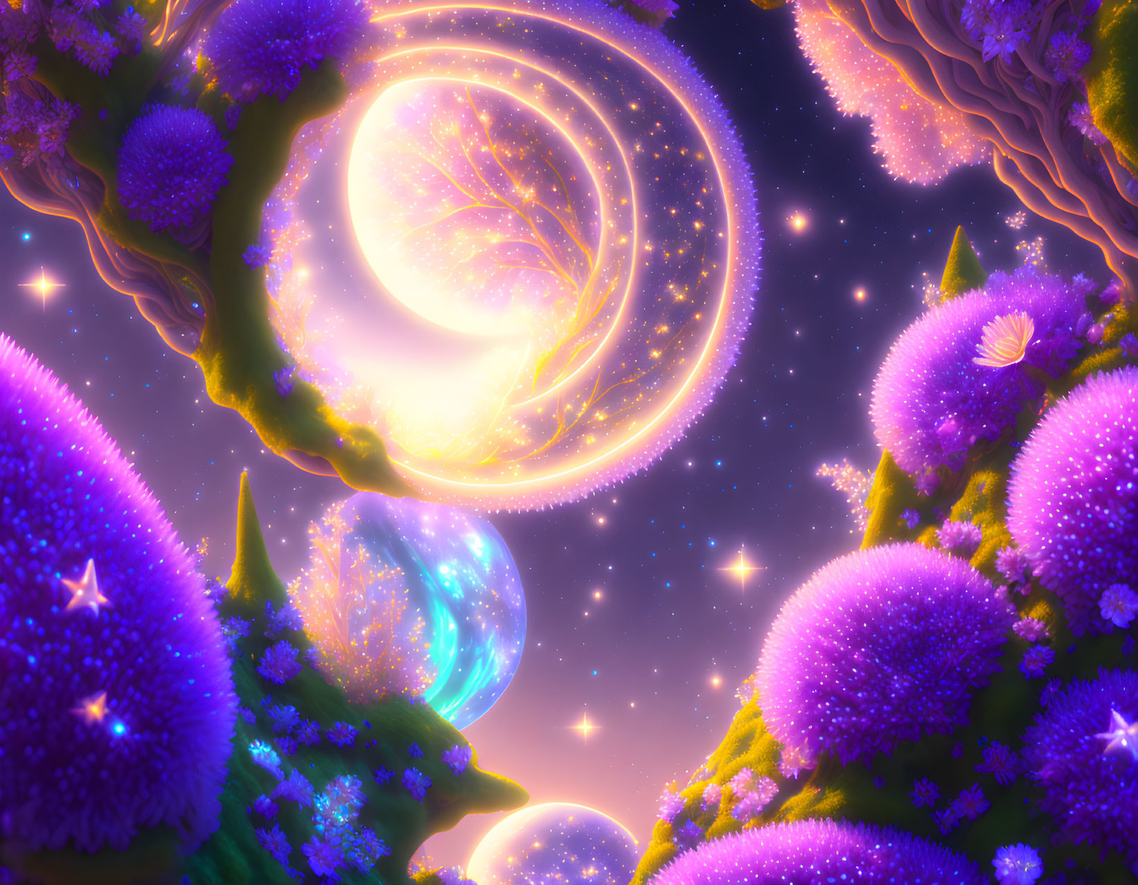 Fantasy landscape with glowing plants, celestial bodies, and magical rings.